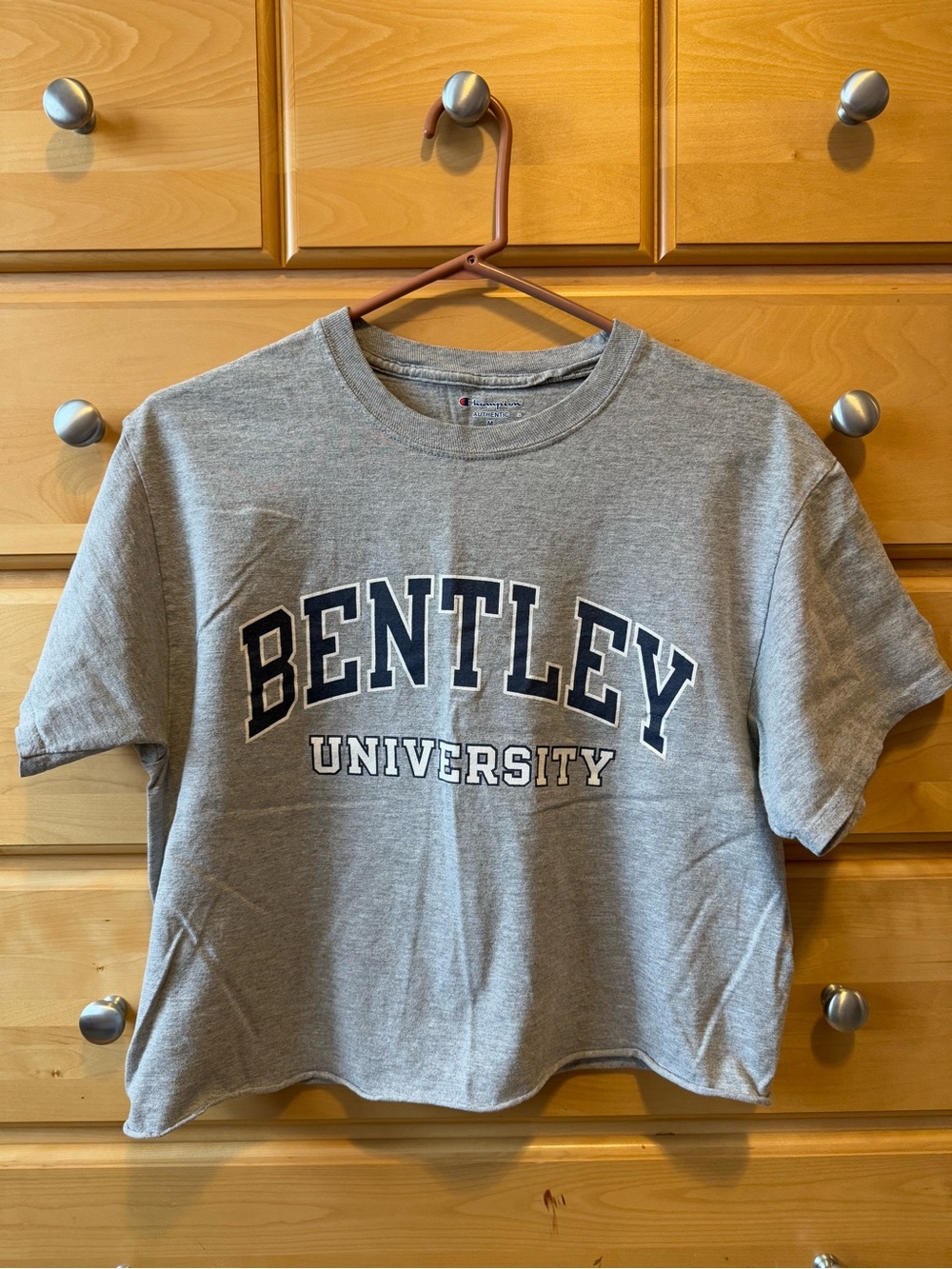 Bentley University Champion Grey Logo Crop Tee